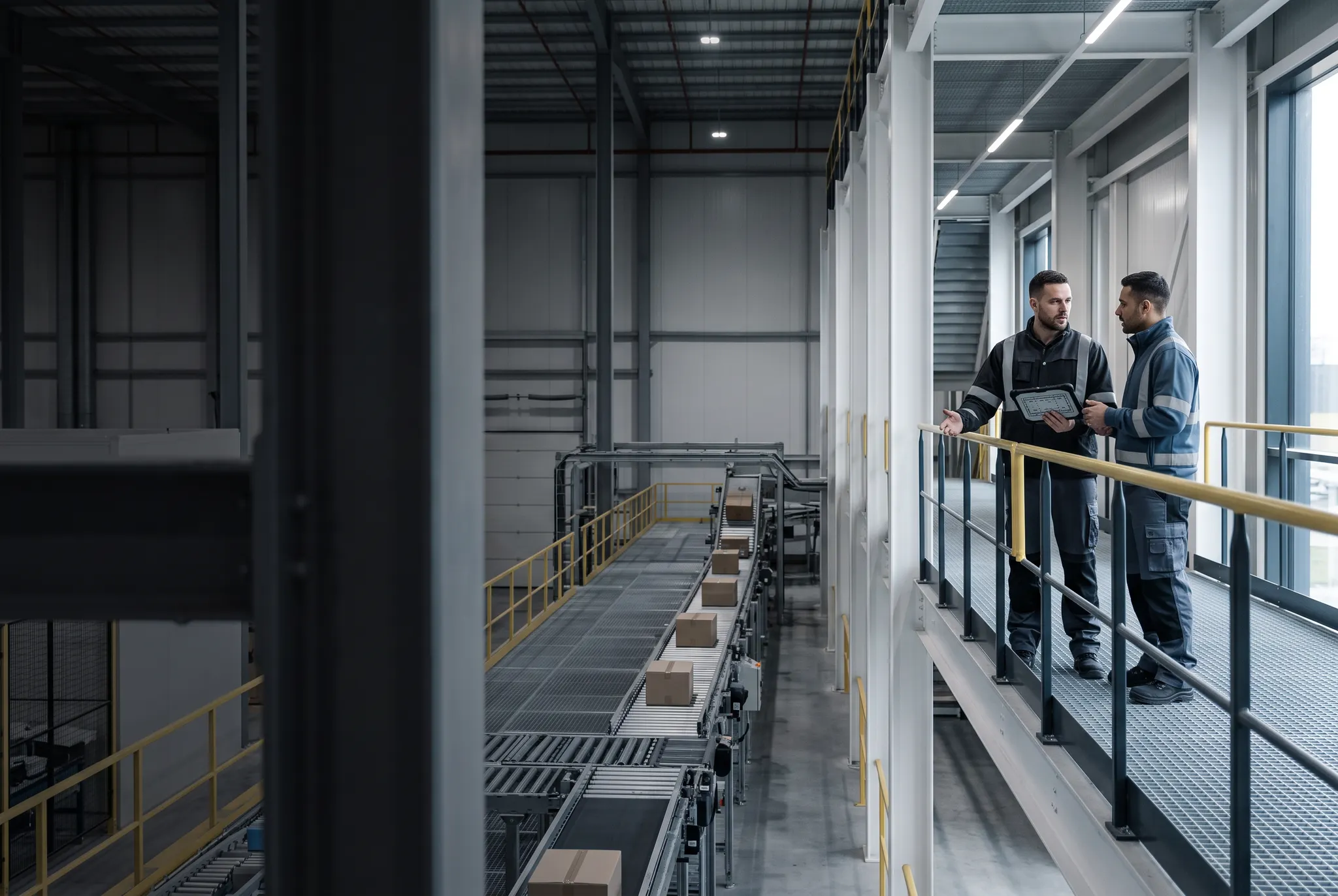 Operations specialists reviewing a warehouse workflow on site
