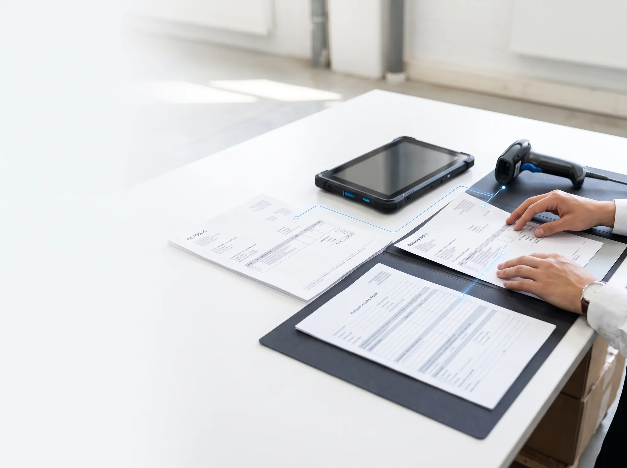 Operational documents and a tablet prepared for workflow review