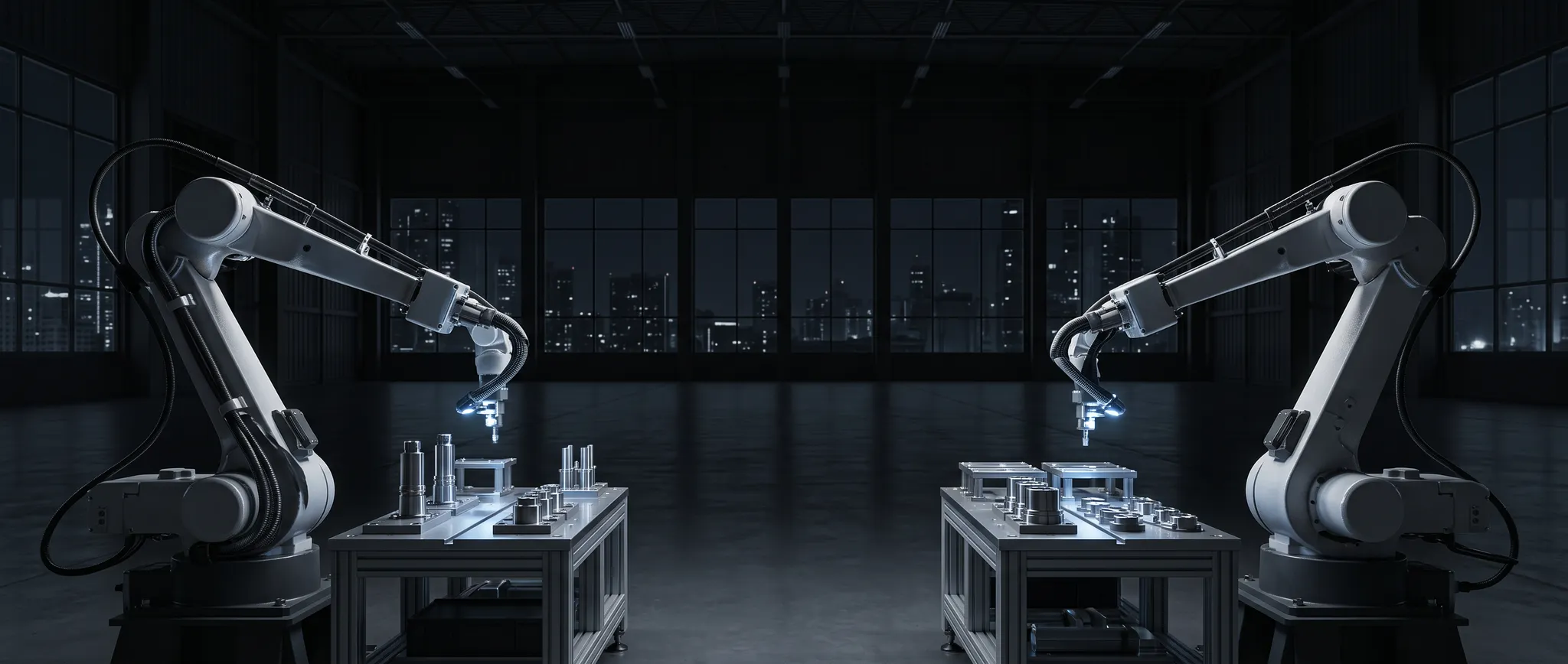 Industrial robots working in a modern manufacturing cell